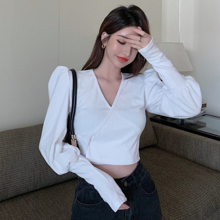 💛🤍🖤เสื้อครอป แขนยาวทรงแขนพอง แต่งกระดุมข้าง มี3สี ขาว-ดำ-เหลือง