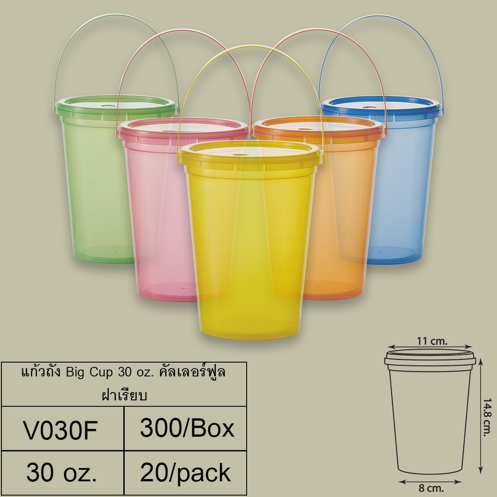 (แพ็ค 20 ชิ้น) แก้ว Big Cup 30 oz. + ฝาเรียบ + หู (คัลเลอร์ฟูล)