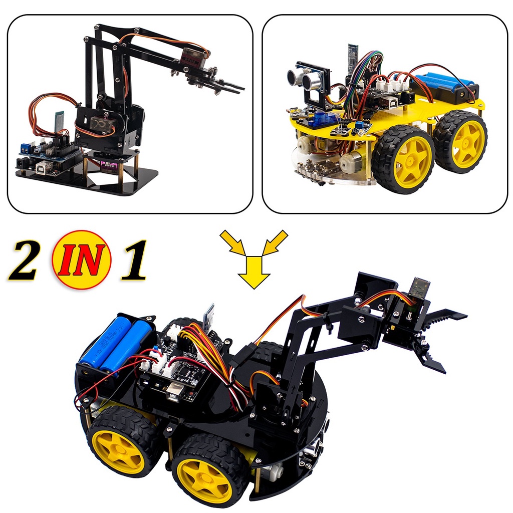 [COD] LAFVIN 2-in-1 รถยนต์หุ่นยนต์ 4WD + แขนกล ชุดเรียนรู้ Arduino UNO R3 รองรับ Bluetooth
