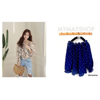 เสื้อเปิดไหล่ผ้ายืด สีน้ำเงิน #Polka dot deep blue