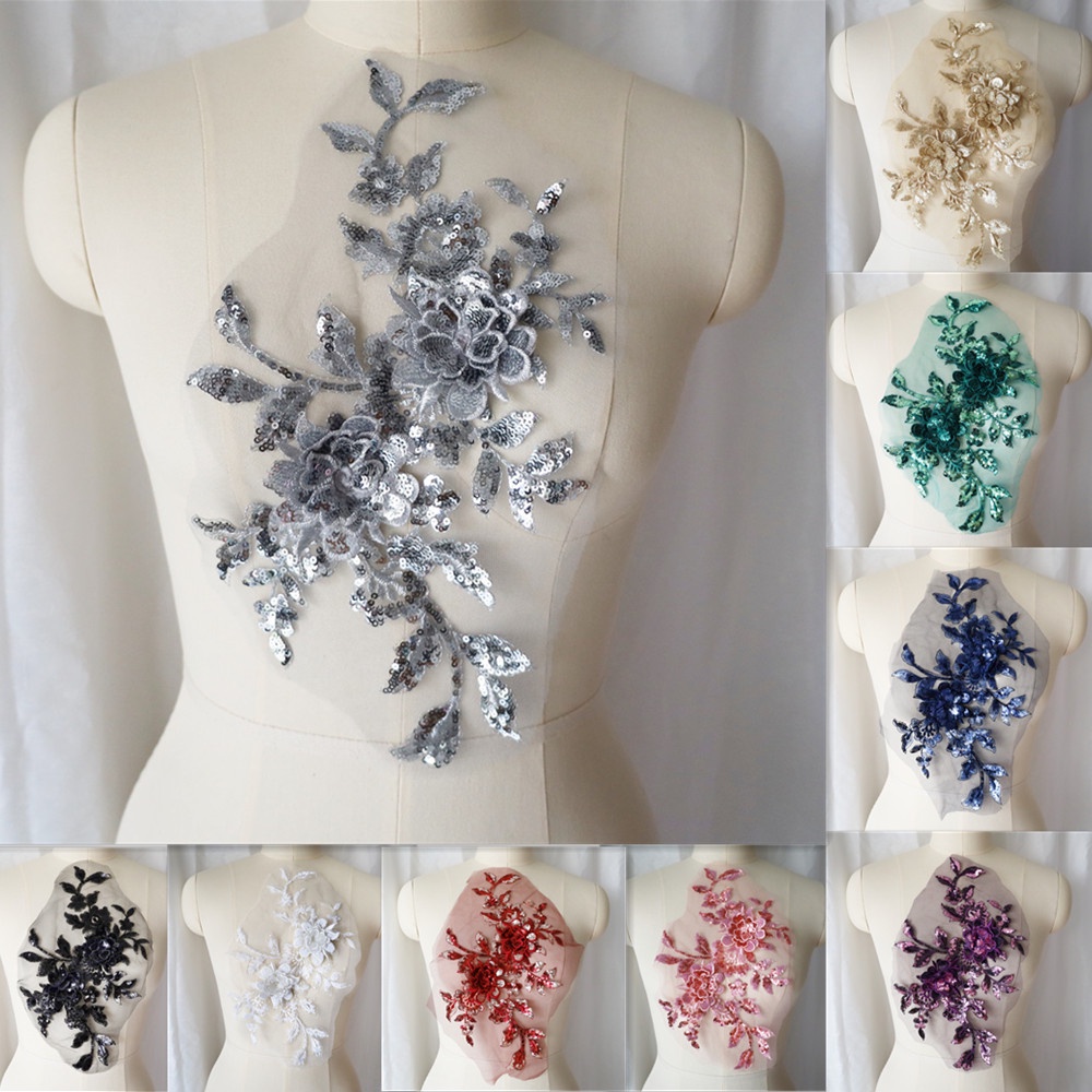 เลื่อมปักดอกไม้ Applique ลูกไม้ผ้า Trim ตาข่ายงานแต่งงานชุดเจ้าสาวเย็บ Patch Party Dress Decor DIY หัตถกรรม