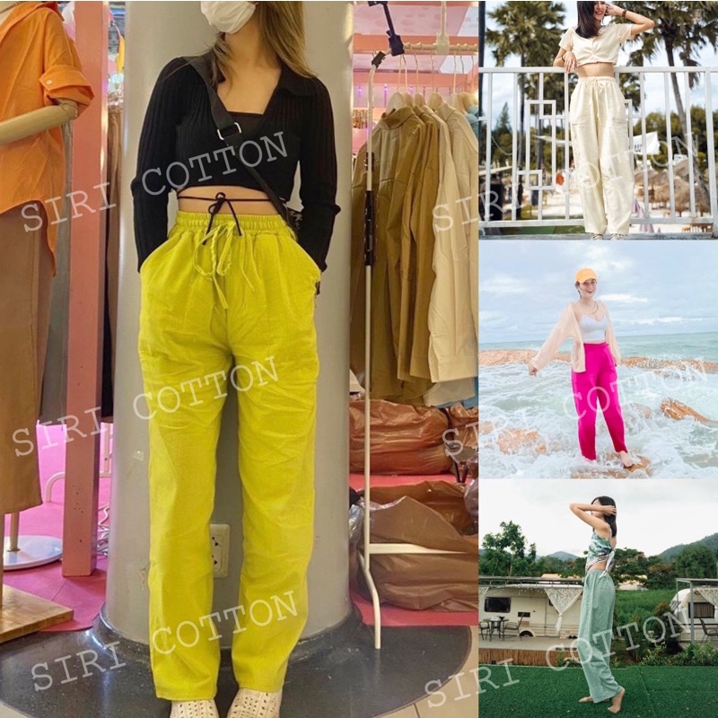 กางเกงขายาวผ้าฝ้ายเอวสูง(เชือกรูดปรับได้จริง)   ยาว 41 นิ้ว