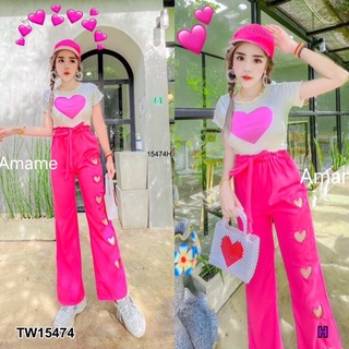 TW15474 Set 2 ชิ้น เสื้อยืดแขนสั้น ผ้าคอตตอนอกสกรีนหัวใจ + กางเกงขากระบอก เจาะรูปหัวใจ เอวสม็อคระบาย งานผ้าซาร่าสีพื้น