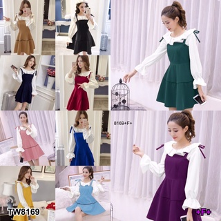 👗Pfashion [ส่งไว!!🚛] P8169 เอี๊ยมเดรสสายเดี่ยว+เสื้อคอระบาย  One-shoulder bib dress + ruffled collar