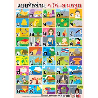 หัดอ่าน ก.ไก่-ฮ.นกฮูก ก-ฮ อ่านพยัญชนะไทย ภาพโปสเตอร์ ภาพประกอบการศึกษา พลาสติกพีพี