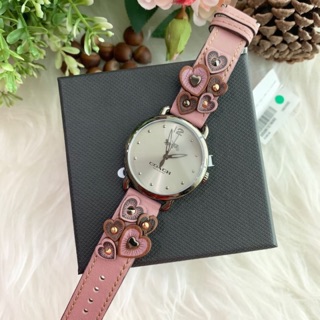 (ผ่อน0%) นาฬิกา COACH 14503080 DELANCY ANALOG CASUAL QUARTZ WOMENS WATCH สายหนังสีชมพู รูปหัวใจ หน้าปัดกลม 36 มม.