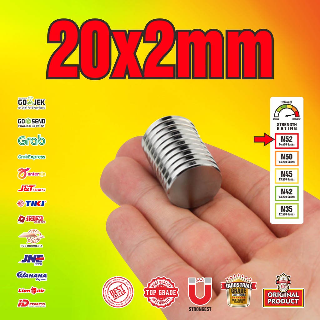 SUPER STRONG NEODYMIUM MAGNET 20x2mm - 20 x 2 mm N52