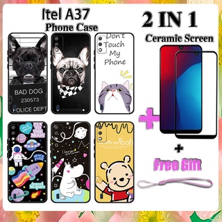 2 IN 1 Itel A37 A26 เคสโทรศัพท์ พร้อมกระจกนิรภัย เซรามิค ป้องกันหน้าจอ โค้ง ฟิล์มนิรภัย การ์ตูน