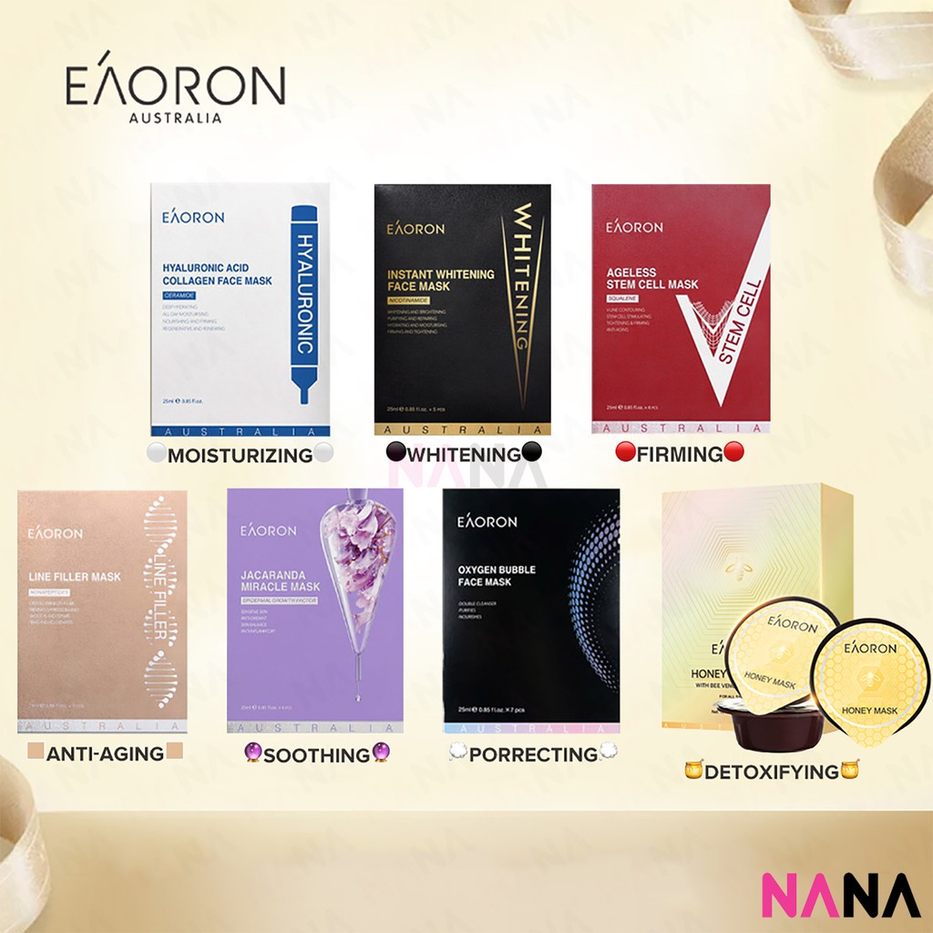 [Brand Authorized] Eaoron Australia Sheet Mask (Hyaluronic/ Whitening / Stem Cell / Jacaranda / Line Filler/ Oxygen Bubble/ Manuka Honey Capsule)  (5 Sheets/ Box)