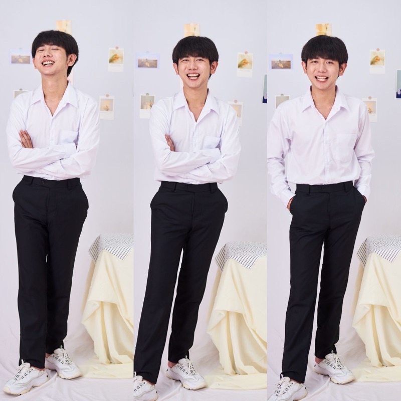 เสื้อนักศึกษาชาย แขนยาวเนื้อคอมทวิลสีขาวนวล(ใส่ทำงานได้)