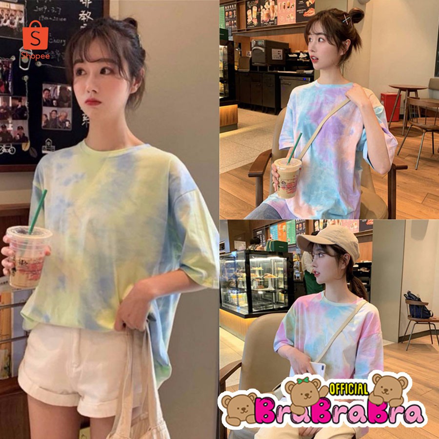[ส่งจากไทย] 𝑩𝒓𝒂𝑩𝒓𝒂𝑩𝒓𝒂  #f-007 มี 3 สี เสื้อยืด แขนสั้น ผ้ามัดย้อม ลายเรนโบว์