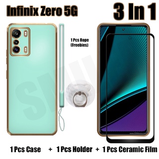 3 IN 1 Infinix Zero 5G เคส พร้อมกระจกนิรภัยโค้ง เซรามิค ป้องกันหน้าจอ และตัวยึด ซิลิโคนนุ่ม เคลือบไฟฟ้า เคสโทรศัพท์