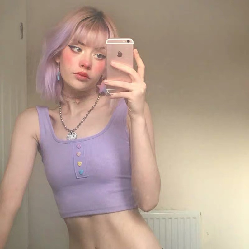 ❐☽﹍1LDK🌈พร้อมส่ง🌈เสื้อกล้ามเเต่งกระดุมหัวใจ  ผ้าร่อง น่ารัก (3781)