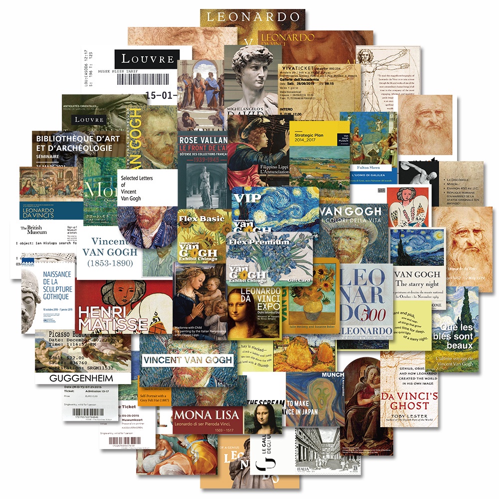 50pcs วรรณกรรม Art Museum Ticket Roots Da Vinci Van Gogh ภาพวาดที่มีชื่อเสียงสติกเกอร์กันน้ําสเก็ตบอร์ดแล็ปท็อปกระเป๋าเดินทาง Graffiti สติกเกอร์ - รูปที่ 6
