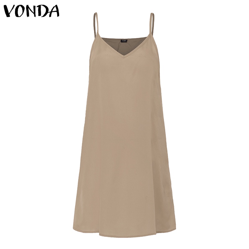 VONDA Women Casual Summer Sleeveless Solid Color Strappy Midi Dress