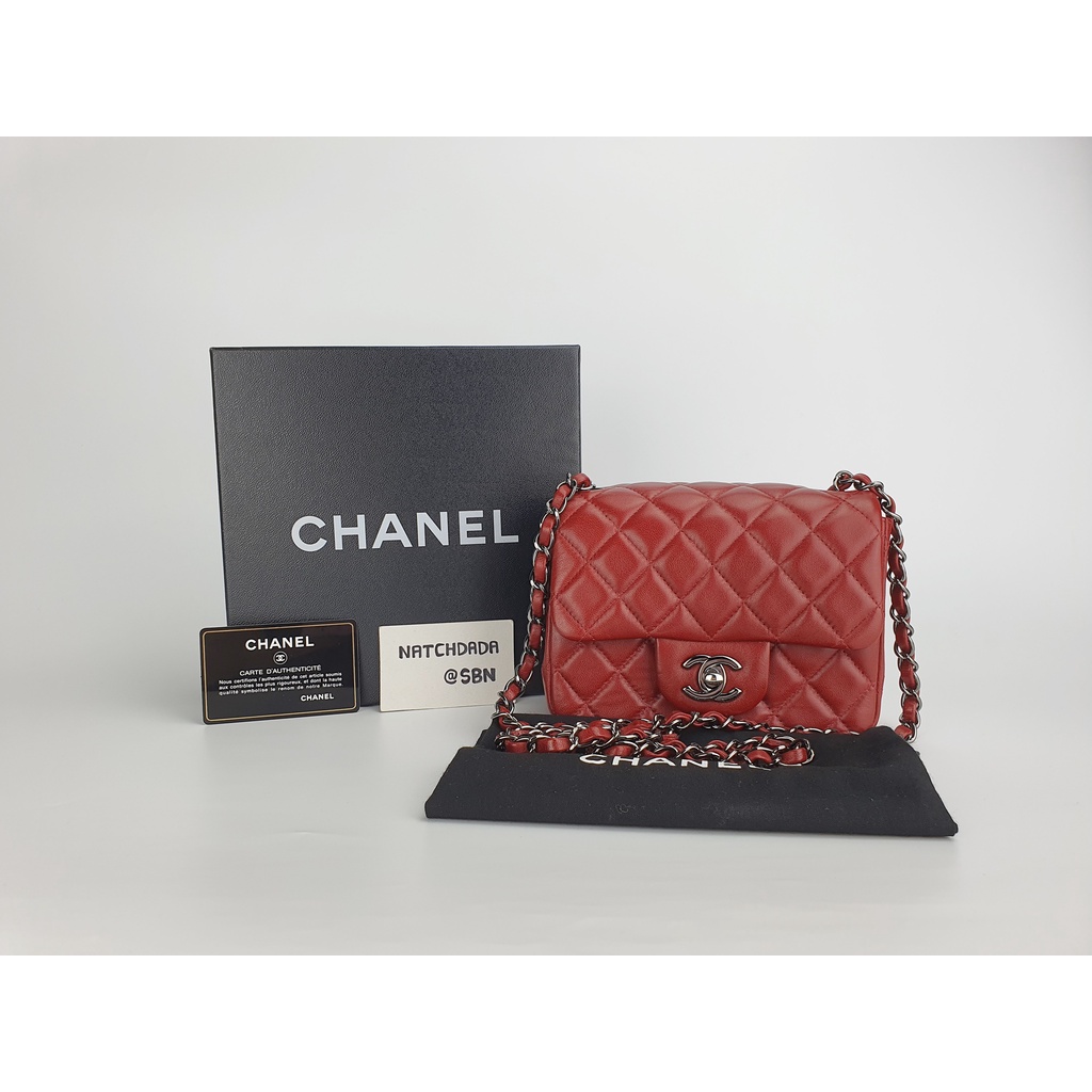 USED!!! CHANEL MINI 7" SQUARE RED BURGUNDY LAMBSKIN SHINY RHW