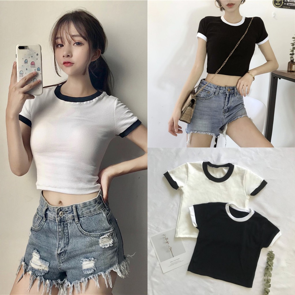 ราคาถูกที่สุด เสื้อครอปคอกลมแขนสั้น กุ้นขอบ สีทูโทน เสื้อครอปแฟชั่นสไตล์เกาหลี