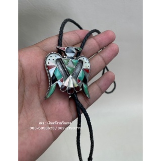 โปโลไทด์ งานเมกา Vintage Sterling Silver Turquoise and Shell Inlay Thunderbird Bolo Tie