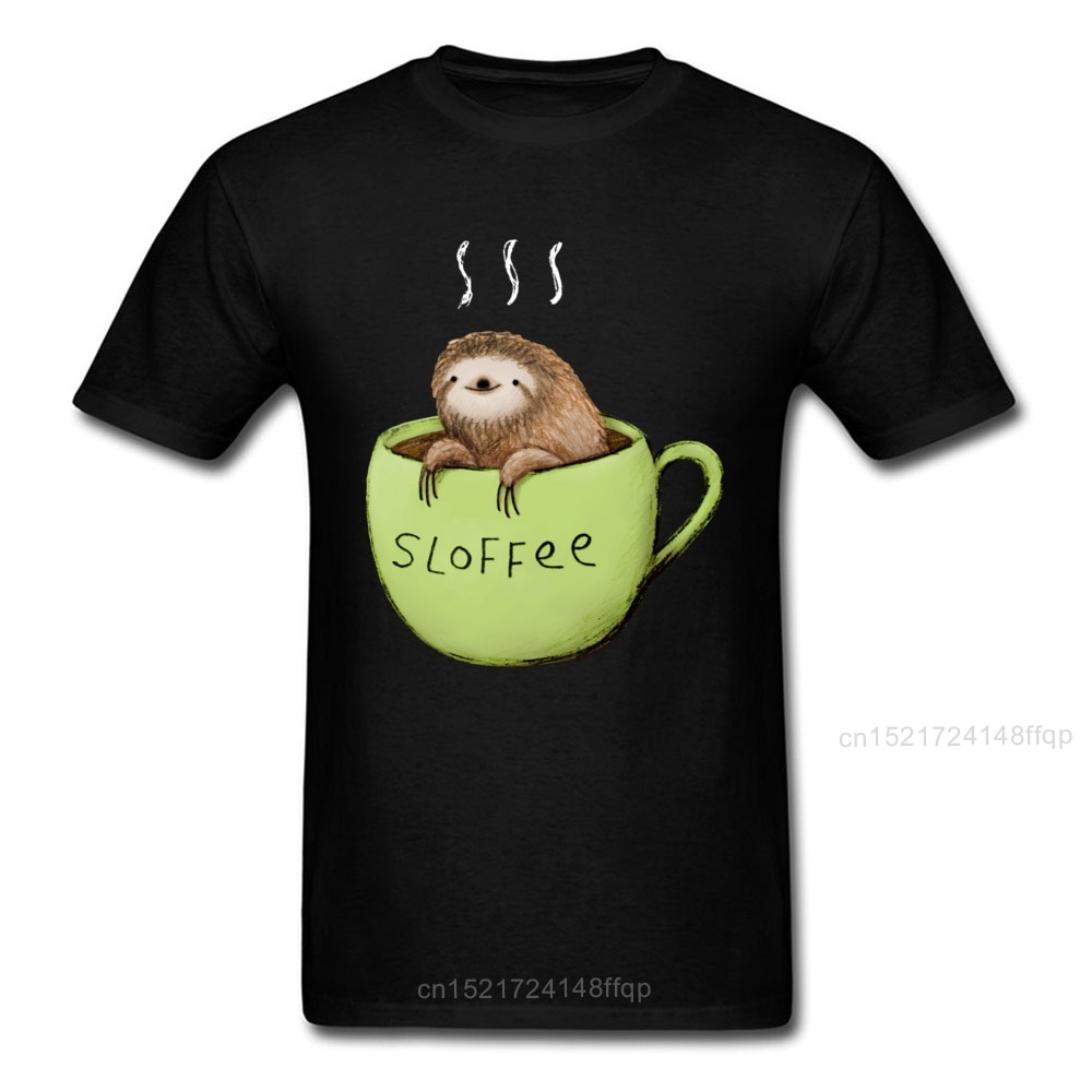 Sloffee Previling เสื้อยืด Sloth Coffee T เสื้อ Man ตลก Tshirt เสื้อผ้าสีดํา 100% Cotton Tops Custom