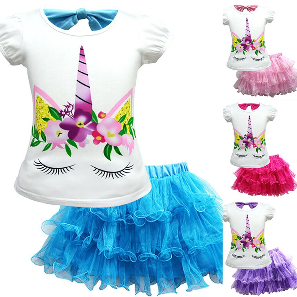 ชุดเดรส เสื้อยืด + กระโปรงตาข่าย ลายลูกไม้ ยูนิคอร์น สําหรับเด็ก