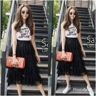 PP2067 Set เสื้อยืดแขนกุด สกรีนลาย+ กระโปรงลูกไม้