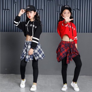 เด็กผู้หญิง HipHop แจ๊สเครื่องแต่งกาย Street Dance Letter พิมพ์กระโปรง Legging ชุดเสื้อผ้า ชุดเต้น ชุดแดนซ์ เสื้อมี