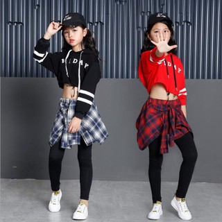 เด็กผู้หญิง HipHop แจ๊สเครื่องแต่งกาย Street Dance Letter พิมพ์กระโปรง Legging ชุดเสื้อผ้า ชุดเต้น ชุดแดนซ์ เสื้อมี