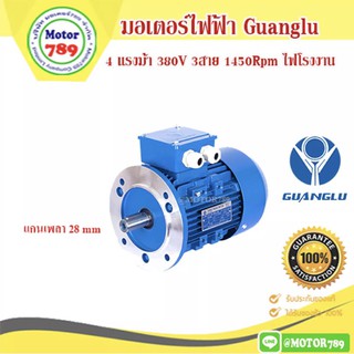 มอเตอร์ไฟฟ้า ยี่ห้อ GUANGLU 4 แรงม้า 4Pole (1450รอบ) หน้าแปลน    B5 ไฟ 380/660V.  ไฟโรงงาน เสื้อเหล็กหล่อ