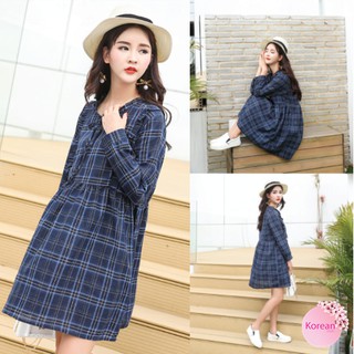 🎀Korean Fashion🎀ชุดเดรสแขนยาว ทรงน่ารักสไตล์เกาหลี ลายสก็อต