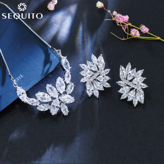 Sequito Marquise Cut Flower CZ เพชรคริสตัล แฟชั่น สร้อยคอ และต่างหู ชุดเครื่องประดับสําหรับผู้หญิงเพื่อนที่ดีที่สุด J034