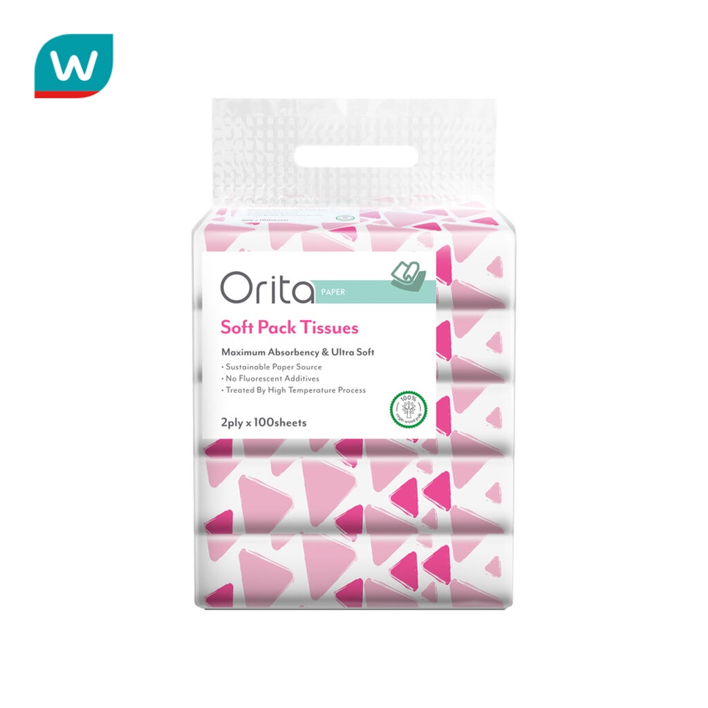 Orita โอริต้า กระดาษเช็ดหน้า แบบซอฟแพ็ค 2 ชั้น 100แผ่น บรรจุ 5แพ็ค