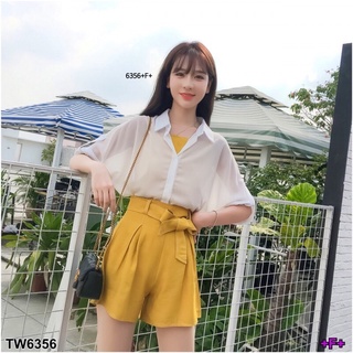 TW6356 Set 3 ชิ้น เสื้อเชิ้ตคลุมผ้าชีฟอง +เสื้อสายเดี่ยว + กางเกงขาสั้น แต่งจีบทวิสหน้า-หลัง มีซิปหลัง + สายผูกโบว์เอว