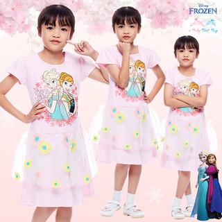 ชุดเดรส Frozen Summer สีชมพู แขนสั้น ลายเจ้าหญิงอันนา &amp; เจ้าหญิงเอลซ่า ดิสนีย์แท้ ลิขสิทธิ์แท้ (สำหรับเด็ก4-6-8-10 ปี)