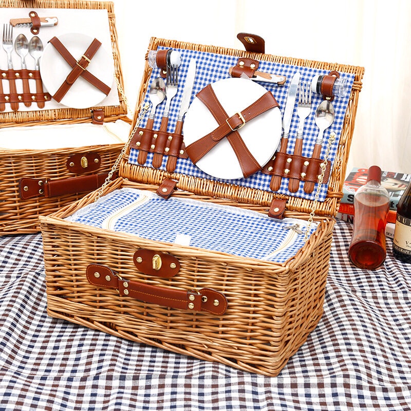Picnic Baskets for 4 Persons Retro Classic Willow Hamper Set with Waterproof Blanket for Camping &Outdoor Party 