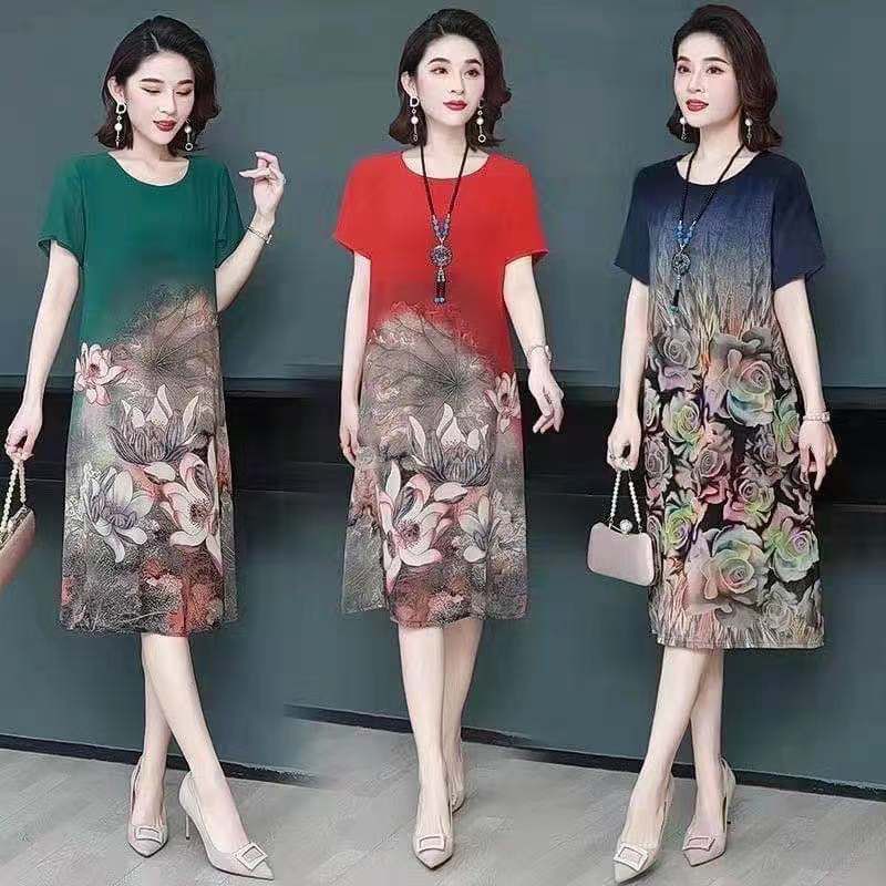 ลด 50% ใส่โค้ด INCLZ12 ฤดูร้อนใหม่อารมณ์ชุดลำลองหลวมพิมพ์เนื้อบาง,ขนาดใหญ่ย้อนยุครอบคอแขนสั้นกระโปรง