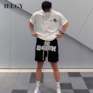 Ielgy เสื้อยืดแขนสั้น พิมพ์ลายตัวอักษร สไตล์ฮิปฮอป สตรีท สําหรับผู้ชาย