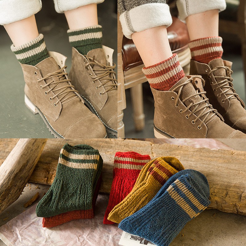 Kafu ถุงเท้าขนสัตว์ Vintage Striped หนาถุงเท้ากลางลูกวัว