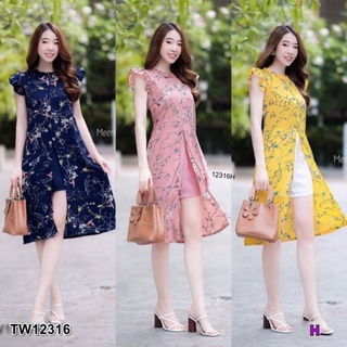 TW12316Set 2 ชิ้น เสื้อแขนกุดไหล่ระบาย ผ่าหน้า ผ้าโรนัลโด้ พิมลายดอกไม้ + กางเกงขาสั้น ผ้าซาร่าสีพื้น เอวยืดสม็อคหลัง