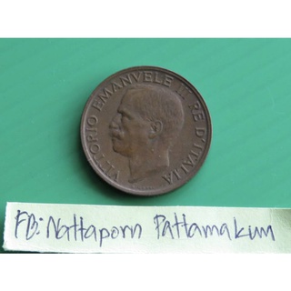 1920 Italy 10 Centesimi อิตาลี 10 เซนเตซิมิ  King Vittorio Emanuele III หันหน้าไปทางซ้าย -​ผึ้งบนดอกไม้ ทองแดง