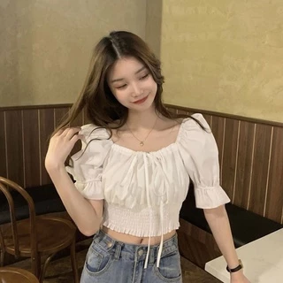 มาใหม่เสื้อครอปเอวลอยเเขนตุ๊กตาผูกโบว์ สีพื้นผ้าลื่น งานสม็อคเอว มี3สีไห้เลือก