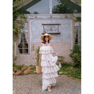 DYMAXI2032 Vintage Layer Princess Dress เดรสเจ้าหญิง ผ้าดิบ ผ้าฝ้าย 100% ระบายชั้นๆ