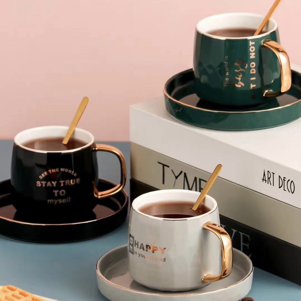 BAIFA ชุดถ้วยกาแฟเซรามิค พร้อมถาดรอง สไตล์ยุโรป 1เซต3ชิ้น มี4สีให้เลือก 230ML