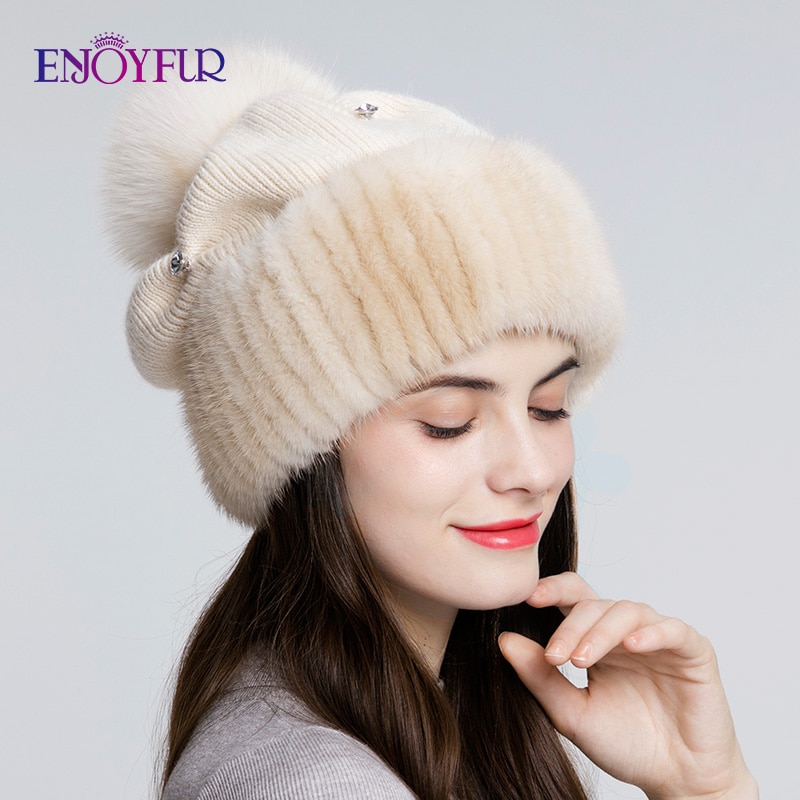ENJOYFUR Mink fur knitted wool hats for women winter thick warm slouchy beanies female caps with
