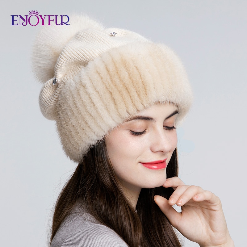 ENJOYFUR Mink Fur Knitted Wool Hats For Women Winter Thick Warm Slouchy ...