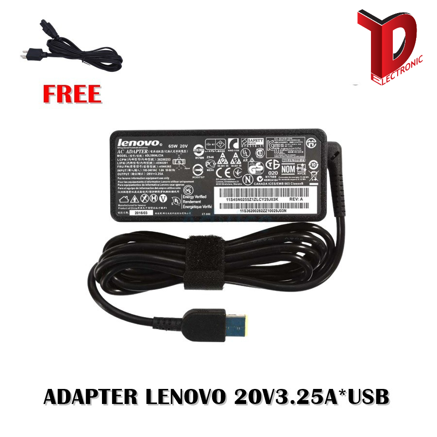 ADAPTER LENOVO 20V3.25A*USB / สายชาร์จโน๊ตบุ๊ค ลีโนโว่ + แถมสายไฟ