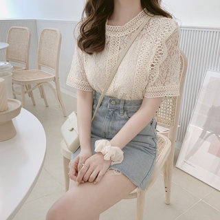 เสื้อเชิ้ตแขนสั้นแต่งลูกไม้แฟชั่นสตรี 1216