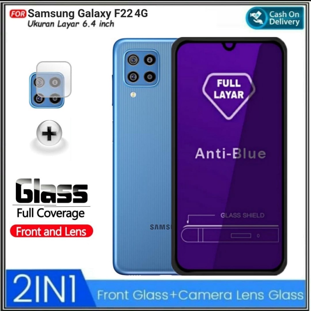 2IN1 กระจกนิรภัย Samsung F22 M22 4G A03s 10D Anti Blue Light ฟรี Anti Scratch กล้อง Galaxy F22 M22 4