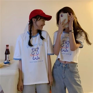 ✨Fairy style✨ เสื้อยืด พิมพ์ลายน้องหมี ครอปเอวลอทรงสวย สไตล์เกาหลี มีให้เลือก2แบบ🐼 #9350-9351