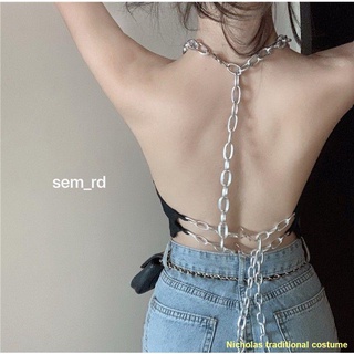 พร้อมจัดส่ง#🙆🎉Hot Girl Handsome Tooling Chain Beauty Back Slim Small Small Sling Women s Wild Halter Vest Top 2021 ใหม