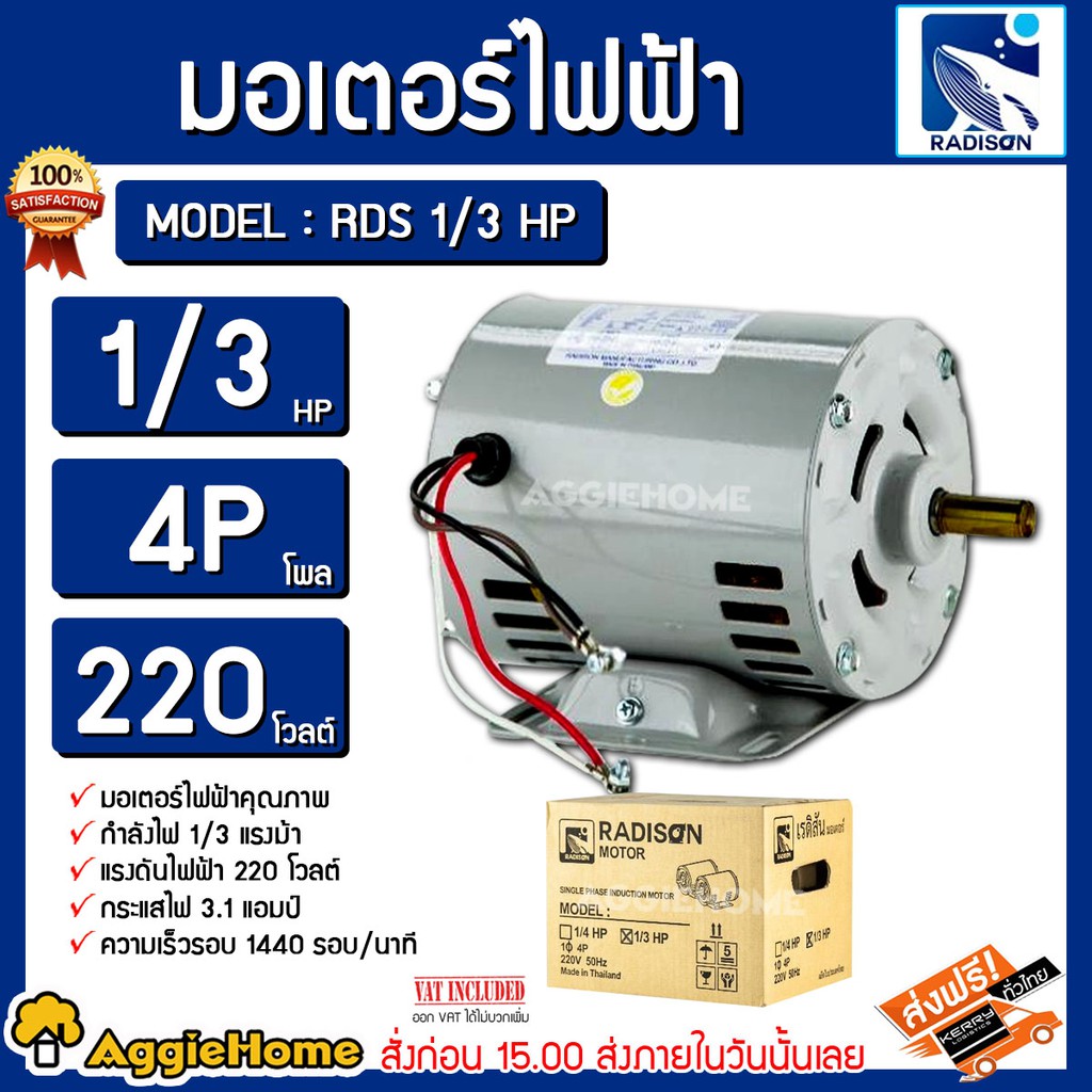 RADISON มอเตอร์ รุ่น RDS 1/3 HP 4P ( 220V ) แรงดัน 1/3 แรงม้า ขดลวดทองแดงแท้ ผลิตที่ประเทศไทย